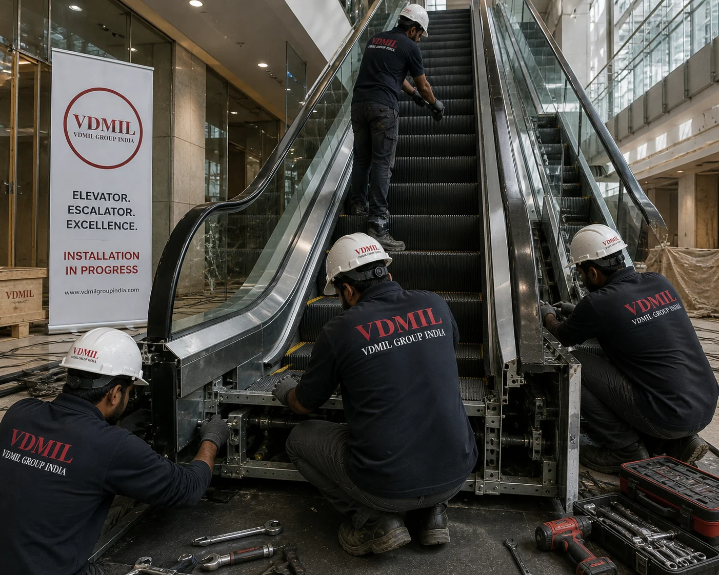 VDMIL technicians installing and aligning an escalator inside a commercial building